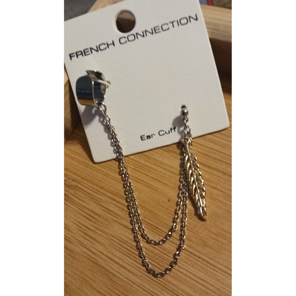 NEW French Connection Silver & Gold Two Tone Feather Charm Ear Cuff Earring